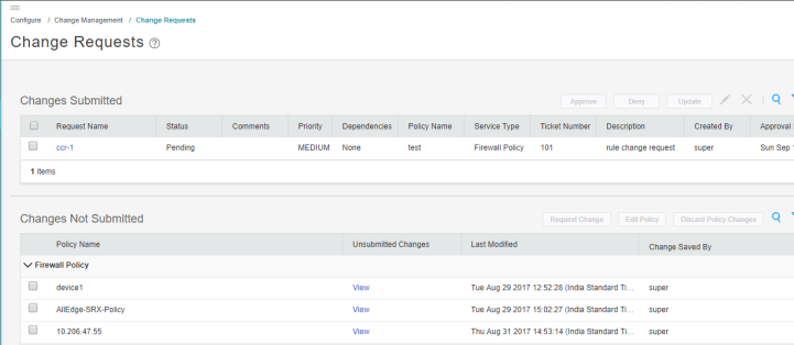 Change Requests interface showing submitted requests with details like Request Name ccr-1, Status Pending, and unsubmitted changes with Policy Name device1.