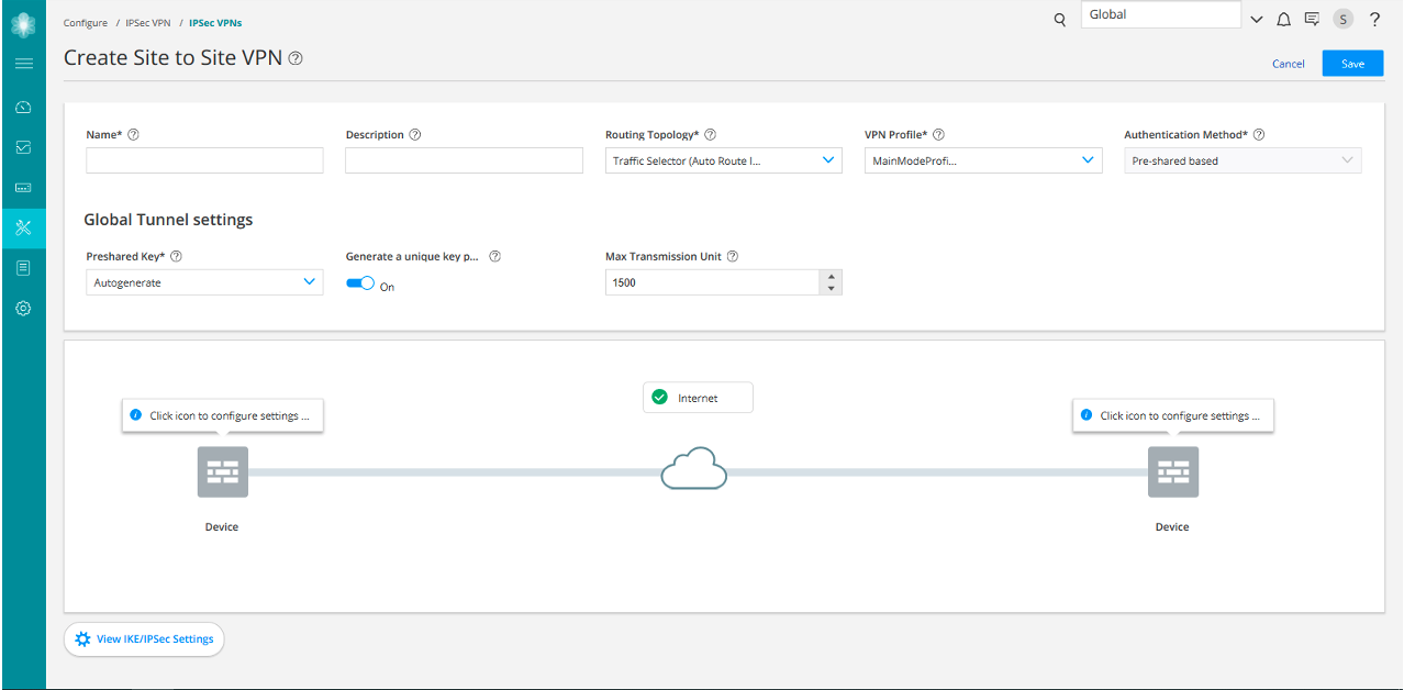 Configuration interface for Site-to-Site VPN setup using IPSec protocol with form fields for VPN details, routing, and authentication.