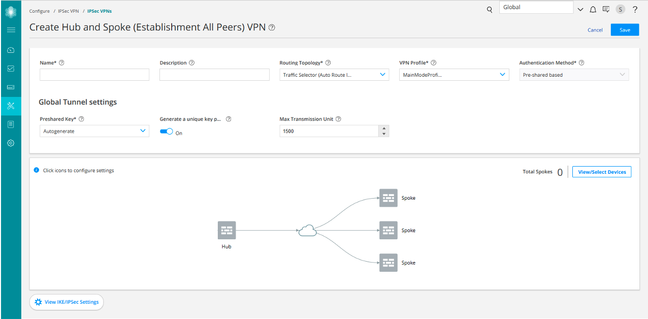 Configuration interface for setting up Hub and Spoke VPN topology using IPsec. Includes fields for name, description, routing topology, VPN profile, and authentication method. Contains global tunnel settings like preshared key and MTU. Features a network diagram and options to view or select devices.