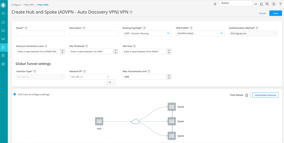 Hub and Spoke ADVPN setup interface with fields for VPN settings and a topology diagram showing hub connected to spokes.