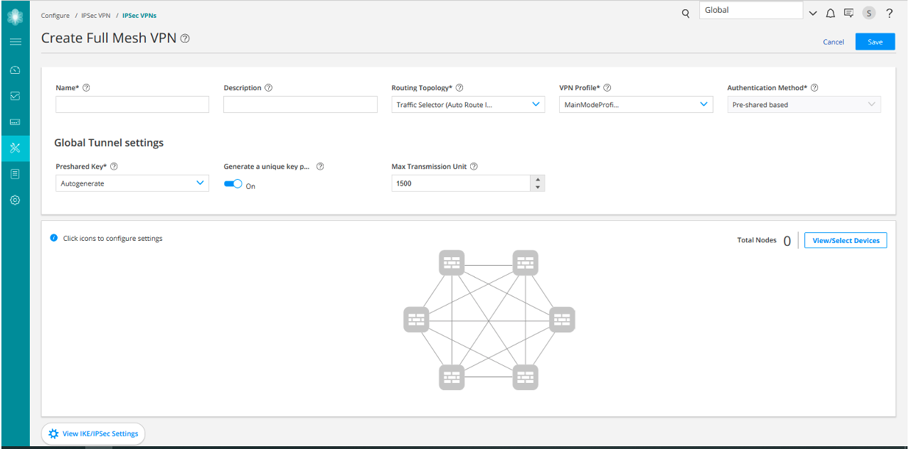 Configuration interface for creating Full Mesh VPN using IPsec with fields for name, description, routing topology, VPN profile, and authentication method.