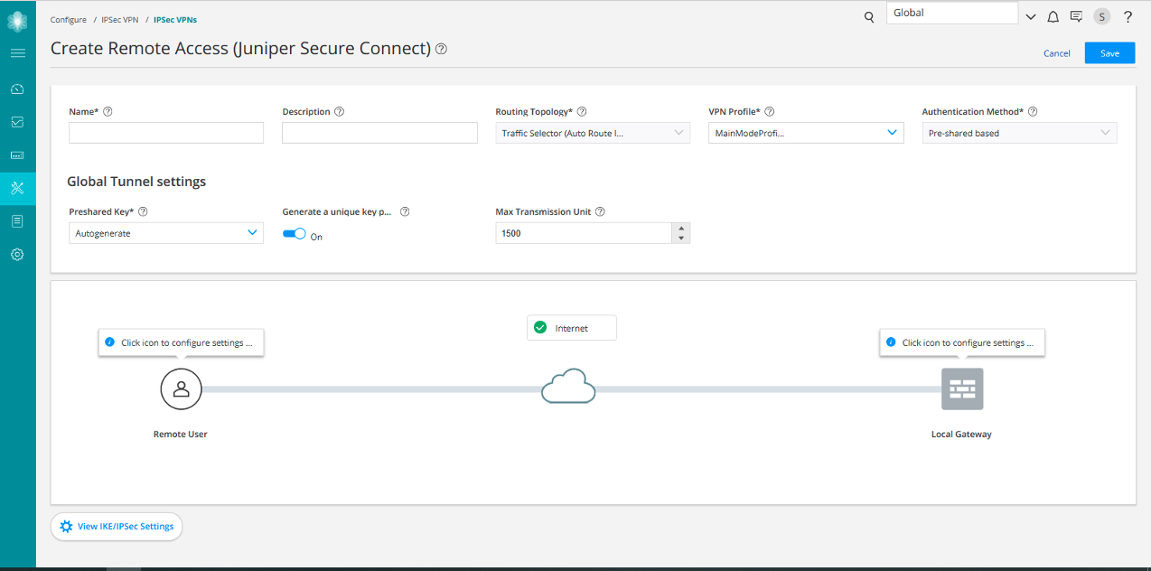 Screenshot of Juniper Secure Connect interface for remote access VPN setup, showing fields for VPN name, description, routing topology, VPN profile, authentication method, preshared key options, unique key toggle, MTU size, and a diagram depicting VPN connection flow with remote user, internet, and local gateway. Includes buttons for IKE/IPSec settings, save, and cancel.
