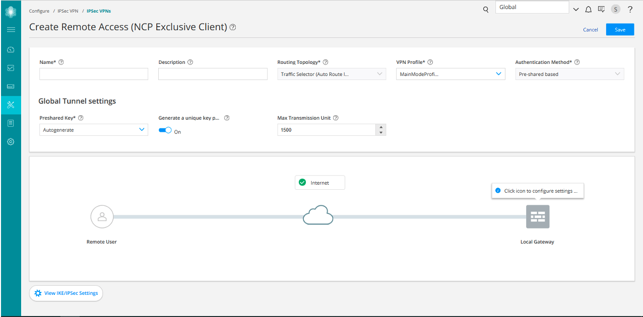 Configuration interface for setting up a remote access VPN using NCP Exclusive Client with fields for name, description, routing topology, VPN profile, authentication method, and global tunnel settings including preshared key options. Diagram shows remote user, internet, and local gateway with tooltip for configuration. Navigation sidebar and Save or Cancel options included.
