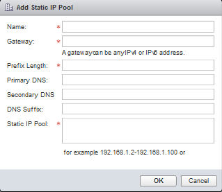 Add Static IP Pool configuration window with fields for name, gateway, prefix length, primary DNS, secondary DNS, DNS suffix, static IP pool range, and OK and Cancel buttons.