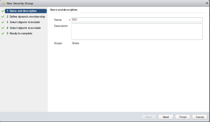New Security Group configuration window for entering name and description. Name is SG1, description is blank, scope is Global. Navigation buttons: Back, Next, Finish, Cancel.
