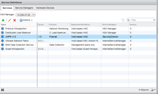 Screenshot of VMware NSX Manager Service Definitions tab showing a list of services such as Protocol Introspection and Distributed Load Balancer with details like name, version, functions, deployment mechanism, and service managers. NSX Manager IP address is 10.206.47.28.