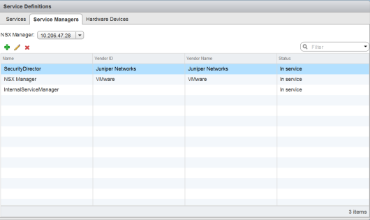 Service Definitions interface under Service Managers tab; table lists service managers with Name, Vendor ID, Vendor Name, and Status columns.