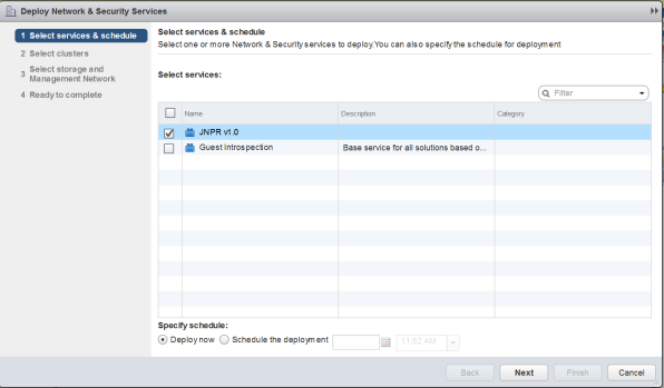 Deployment wizard screen in step Select services and schedule JNPR v1.0 selected for deployment with options Deploy now or Schedule deployment