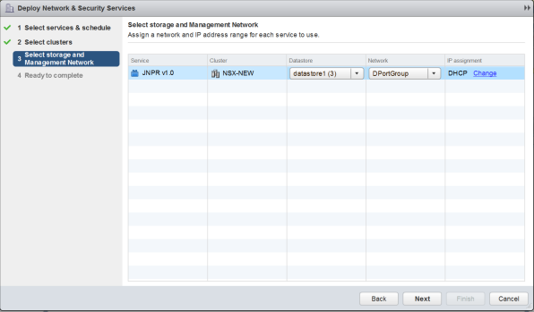 Deploy Network and Security Services wizard interface showing step 3: Select storage and Management Network with options for service JNPR v1.0 on cluster NSX-NEW, datastore1 3, network DPortGroup, and IP assignment DHCP. Navigation buttons: Back, Next, Finish, Cancel.