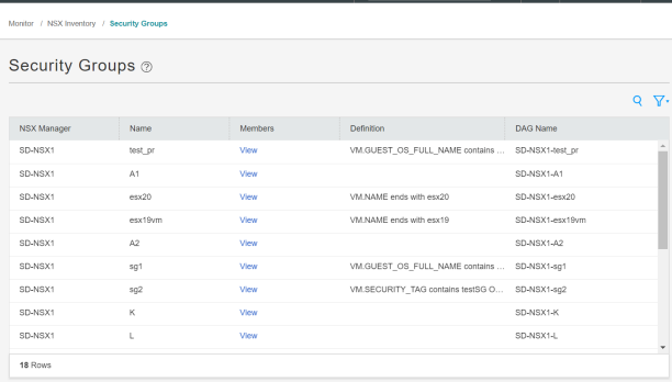 Security Groups page from VMware NSX Manager listing security groups with names, member links, definitions, and DAG names.
