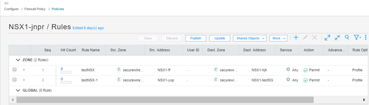 Firewall policy configuration interface for NSX showing rules for policy NSX1-jnpr with details like sequence, hit count, source and destination zones and addresses, service, and action.