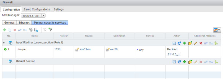 VMware NSX Manager firewall interface showing IP 10.206.47.28 with tabs for General, Ethernet, Partner security services. Rule 1136 redirects from esx19vm to esx20 with service any.