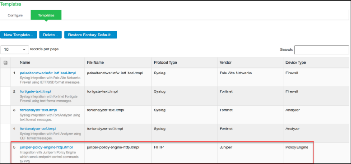 Configuration interface for managing templates, listing template details like Name, File Name, Protocol Type, Vendor, and Device Type. Highlighted: juniper-policy-engine-http.tmpl using HTTP protocol for Juniper Policy Engine. Options to create, delete, restore defaults, search, and adjust records per page.