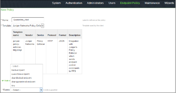 Configuration interface for creating a new policy in a network security system with fields for Policy Name, Template selection, Rule options, and Events.