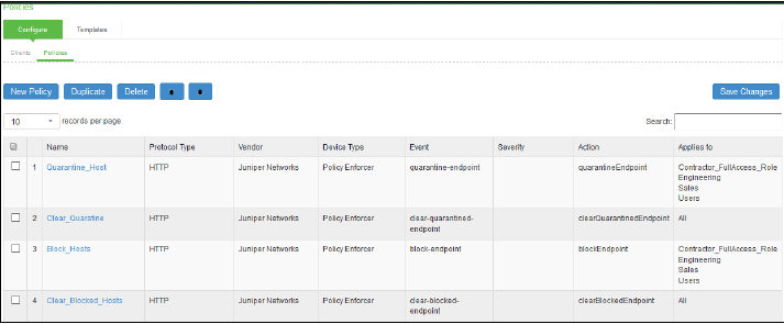 User interface for network policies management, showing a policy table with columns for name, protocol, vendor, device type, event, severity, action, and applicable roles. Includes buttons to create, duplicate, delete policies, a search bar, and a records per page dropdown.