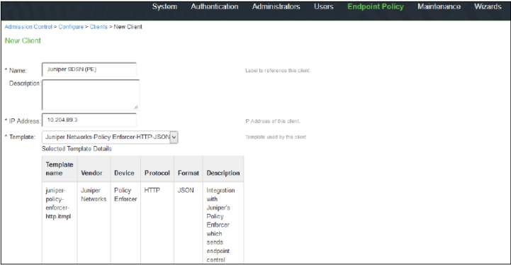 Configuration interface for setting up a new client: fields for client name, description, IP address; template selection; active Endpoint Policy tab.