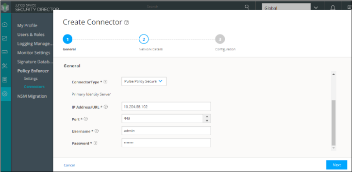 Configuration interface for creating a connector in Junos Space Security Director's Policy Enforcer. Current step: General details for Pulse Policy Secure integration.