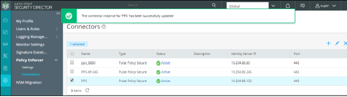 Screenshot of Juniper Security Director's Connectors section under Policy Enforcer. Three Pulse Policy Secure connectors are active with port 443. A green banner indicates a successful update.