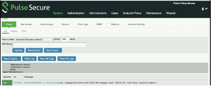 Pulse Secure interface showing Logs section under Events tab with options to view filter and manage logs including saving clearing or exporting logs.