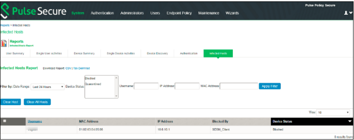 Pulse Secure management interface showing Infected Hosts Report with filter options, table of infected devices, and download buttons.