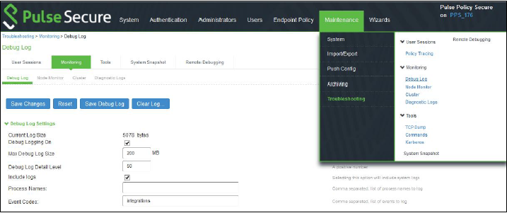 Pulse Secure interface displaying Debug Log section under Troubleshooting via Maintenance tab for network issue troubleshooting.