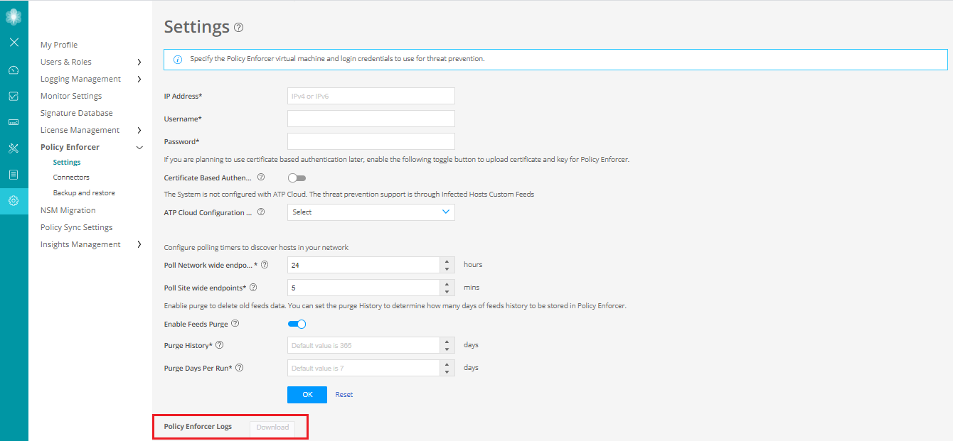 Settings page for Policy Enforcer with fields for IP address, username, password, and options for certificate-based authentication, ATP cloud configuration, and polling timers. Includes settings for feed purges and purge history duration. Sidebar with management options like Users and Roles, Logging Management, and License Management. Download Policy Enforcer Logs button at the bottom.