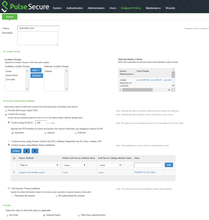 Pulse Secure configuration interface under Endpoint Policy for Quarantine_Host, showing network access, RADIUS, VLAN control, and session timeout settings.