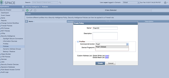 Junos Space Security Director interface showing Create Policy dialog in Security Intelligence. Fields for policy name, description; profile options; links for Global White List and Black List. Navigation panel on left.