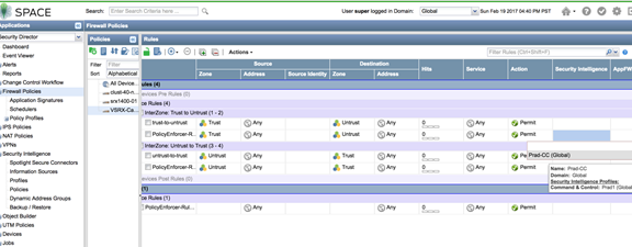 Junos Space Security Director interface showing Firewall Policies tab with rules for traffic flow control, zones, and security features.
