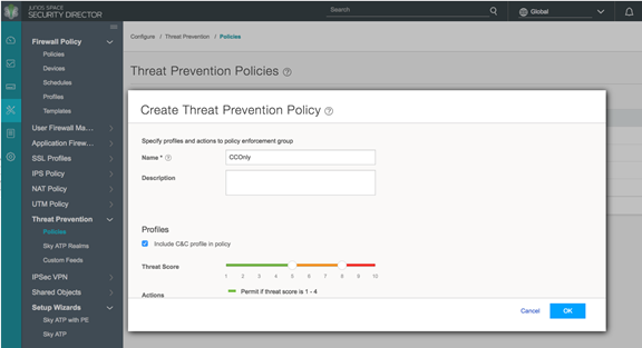 Creating Threat Prevention Policy interface with fields for policy name and description, C&C profile option, and Threat Score scale from 1 to 10.
