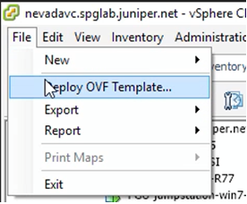 VMware vSphere Client interface with File menu open and Deploy OVF Template option highlighted.