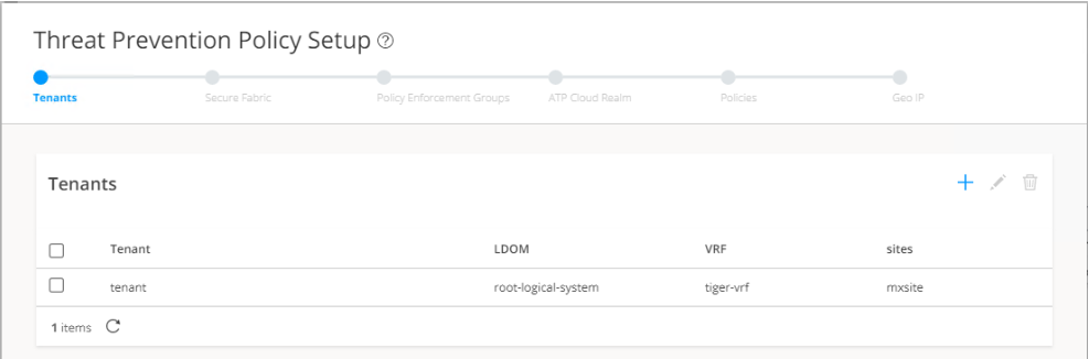Configuring Threat Prevention Policy Setup for cybersecurity with steps: Tenants, Secure Fabric, Policy Enforcement Groups, ATP Cloud Realm, Policies, Geo IP. Current step: Tenants with table for tenant, LDOM, VRF, and sites. Options to add, edit, or delete entries.