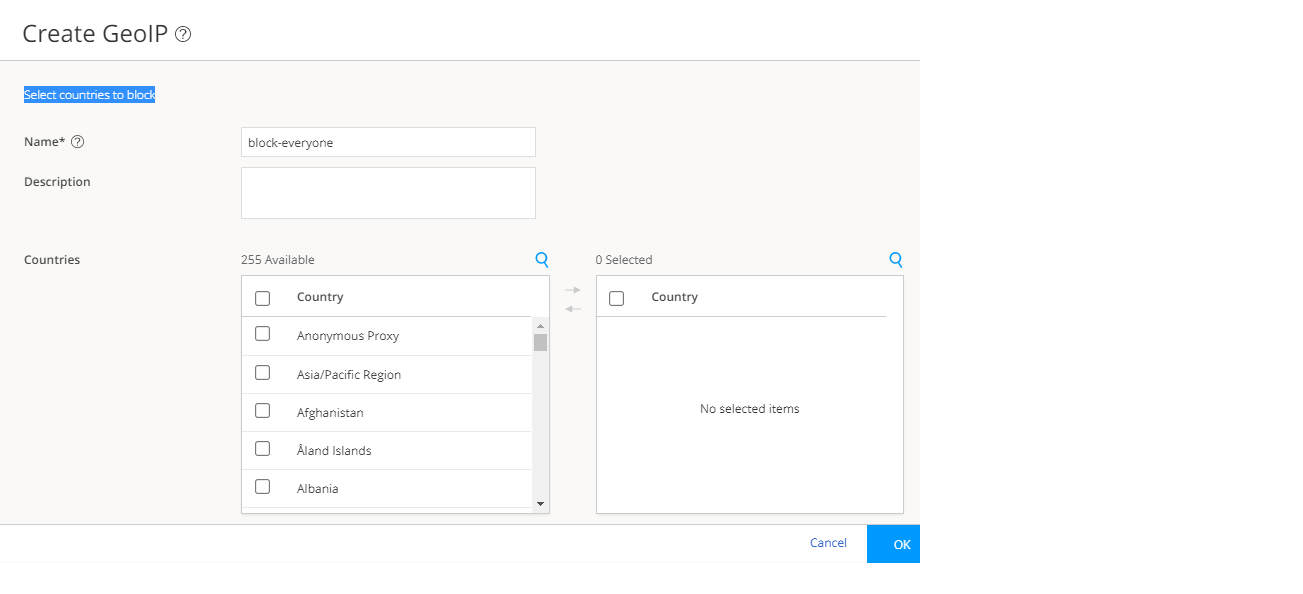 User interface for creating a GeoIP rule with fields for name and description, country selection list, and Cancel and OK buttons.