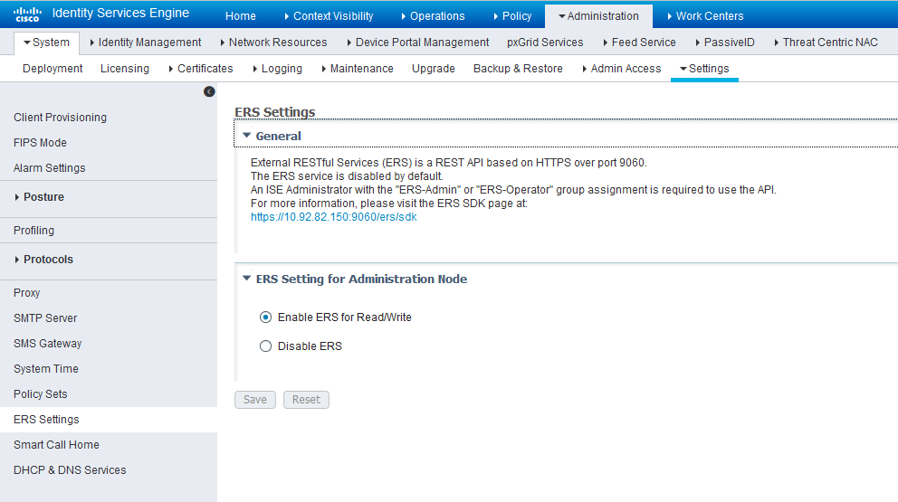 Cisco ISE ERS Settings configuration page showing options to enable or disable ERS API, with navigation menu and save button.