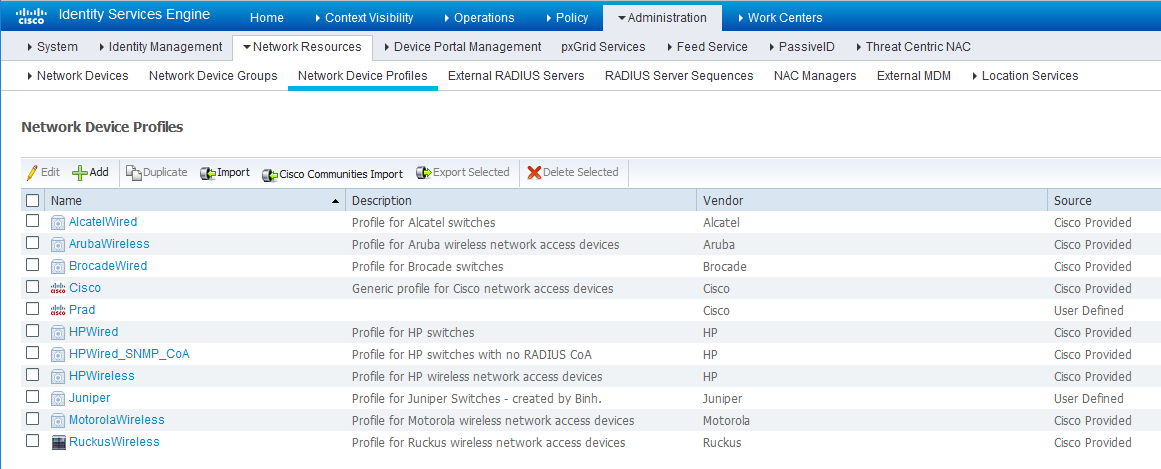 Cisco ISE Network Device Profiles interface with table of profiles showing name, description, vendor, and source. Actions include edit, add, duplicate, import, export, and delete.