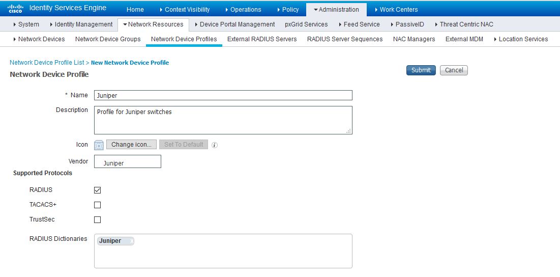 Cisco ISE Network Device Profile page showing a profile for Juniper with RADIUS enabled and Juniper dictionary selected.