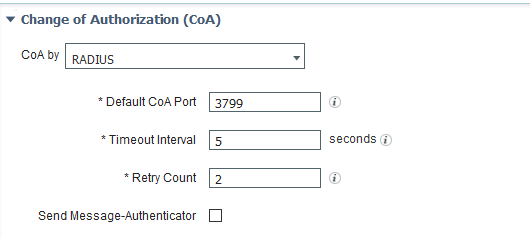 Configuration interface for Change of Authorization settings with RADIUS selected, default port 3799, timeout 5 seconds, retry count 2, Message-Authenticator unchecked.