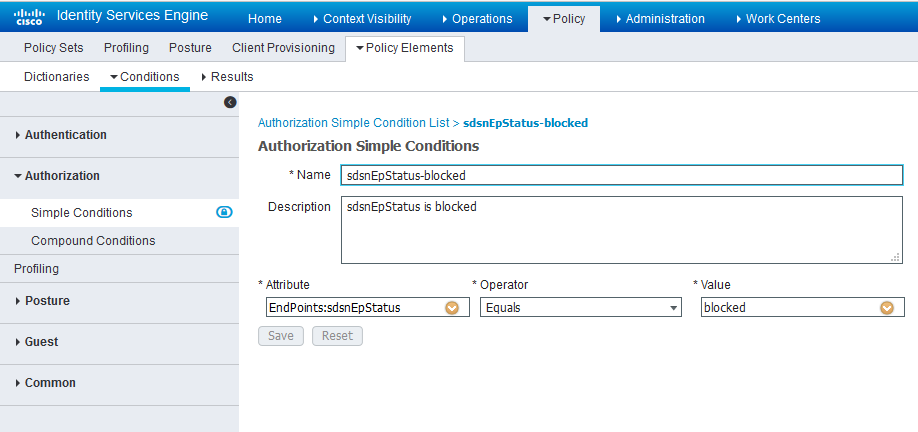 Cisco ISE Policy Elements screen showing Authorization Simple Condition named sdsnEpStatus-blocked with attribute EndPoints sdsnEpStatus equals blocked.