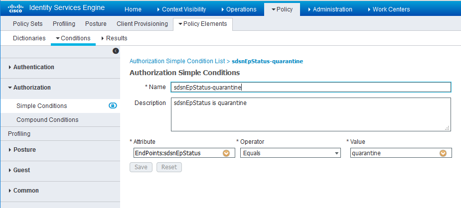 Cisco ISE Authorization Simple Conditions page showing condition sdsnEpStatus-quarantine with attribute EndPoints:sdsnEpStatus equals quarantine.