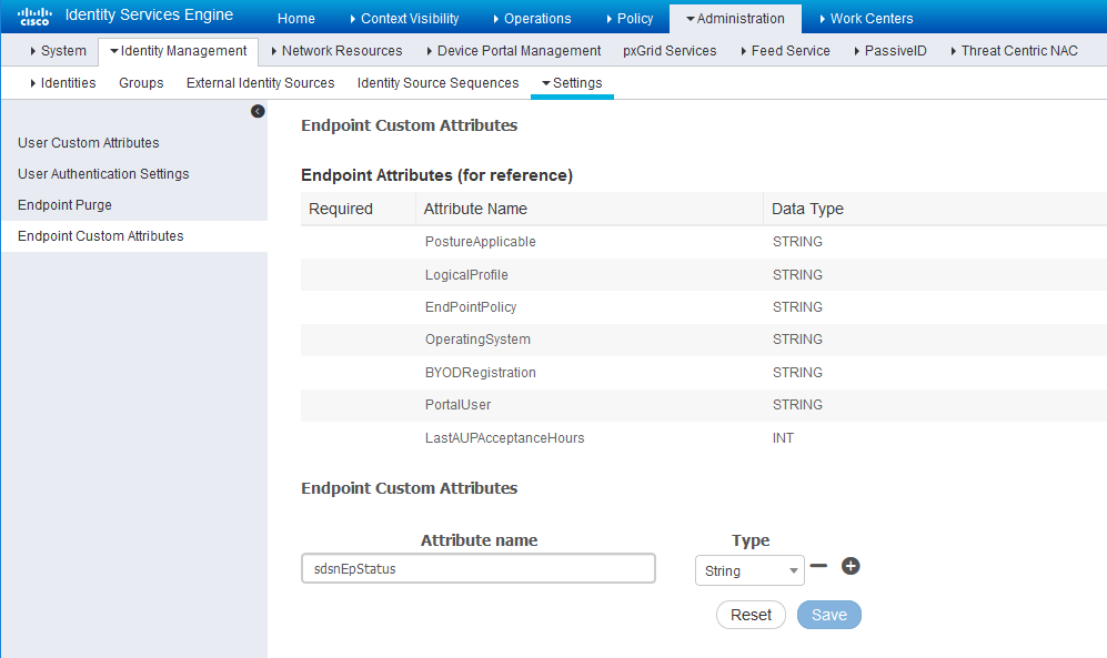 Cisco ISE interface showing Endpoint Custom Attributes page under Identity Management with navigation bar, predefined attributes, and options to create custom attributes.