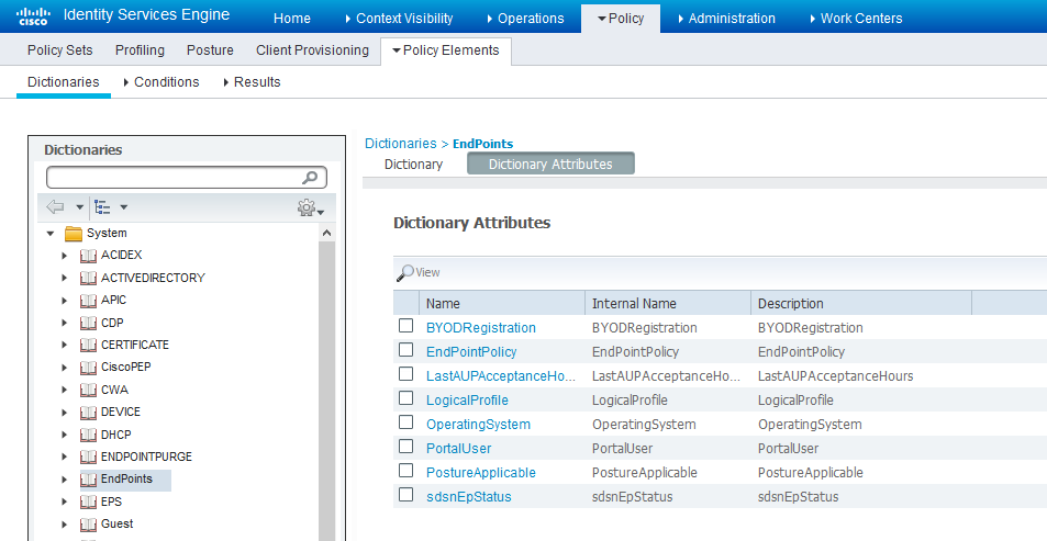 Cisco ISE interface showing Policy Elements in the Dictionaries section with EndPoints attributes like BYODRegistration and OperatingSystem.