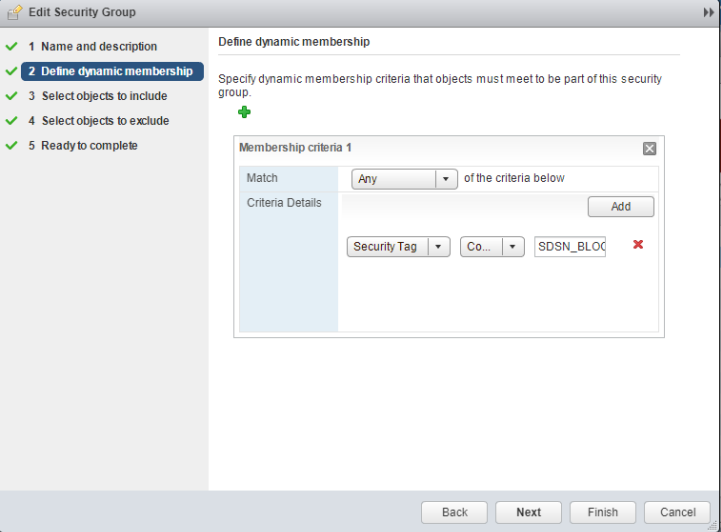 Define dynamic membership screen in a security group editor with match criteria set to any using Security Tag SDSN_BLOCK; includes navigation steps and control buttons.
