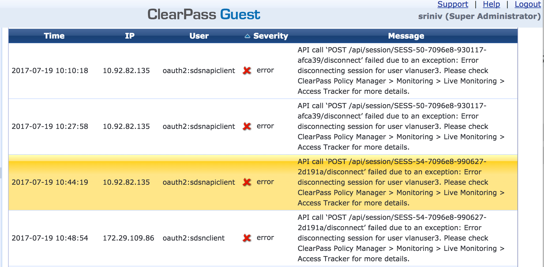 ClearPass Guest interface screenshot showing a log of errors with API calls failing to disconnect sessions. Columns include Time, IP, User, Severity with red X, and Message suggesting to check Access Tracker for details.