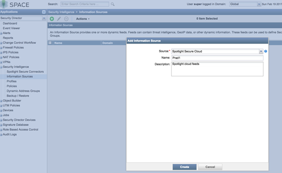 User interface showing Junos Space Security Director's Add Information Source dialog. Source set to Spotlight Secure Cloud, Name entered as Phad1, Description as Spotlight cloud feeds.