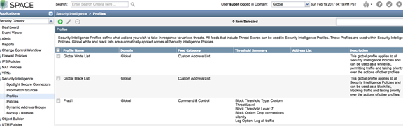 Security Intelligence Profiles section of Junos Space Security Director showing profiles like Global White List and Global Black List with details on domain, feed category, and threshold summary.