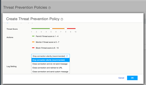 Threat Prevention Policy interface with threat score range 1-10: Permit 1-4, Monitor 5-7, Block 8-10. Actions dropdown and log setting visible.