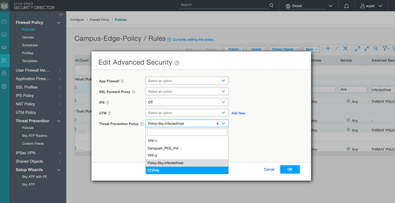 Security Director interface for editing advanced settings of Campus-Edge-Policy firewall, including App Firewall, SSL Forward Proxy, IPS, UTM, and threat prevention policy selection.