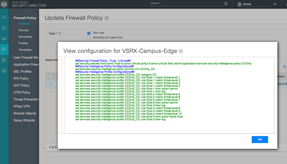 Configuration interface for Juniper firewall policy on VSRX-Campus-Edge, showing rules, security profiles, and update options.