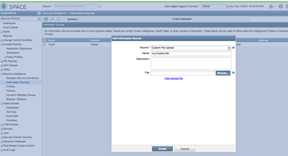 Junos Space Security Director pop-up for adding custom file as Information Source with fields for name, description, and file upload.