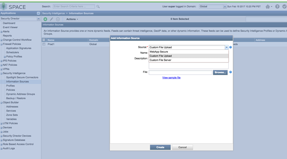 User interface for configuring a new information source in SPACE software. Source set to Custom File Upload. Name is WebApp Resource. Create and Cancel buttons are available.